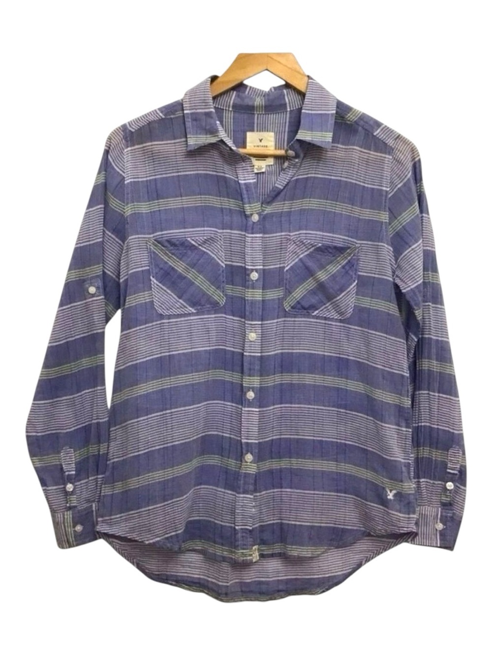 AEO plaid blue Vintage boyfriend cotton button down blouse Small CORNFLOWER